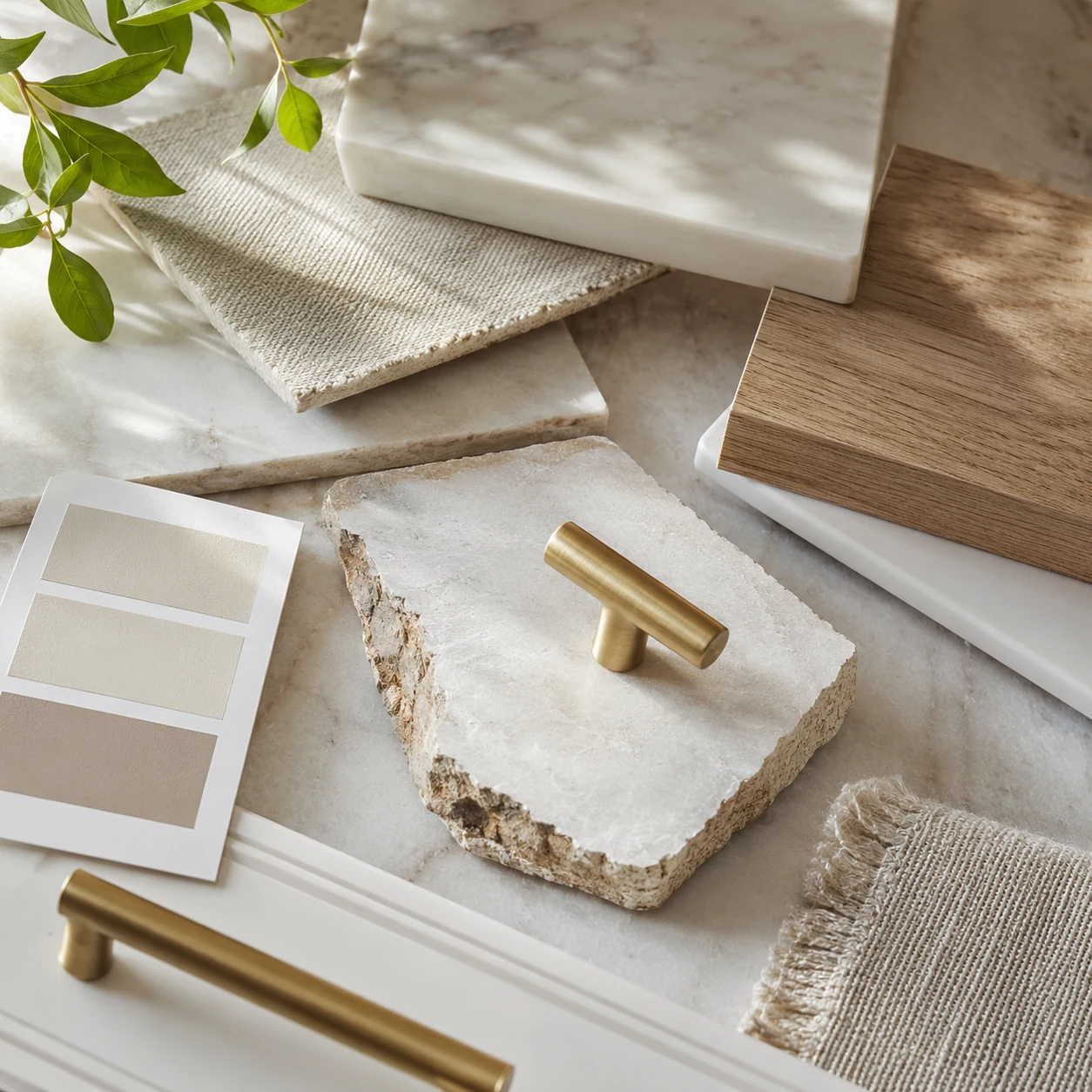 Interior design material samples with stone, linen, brass, and natural texture