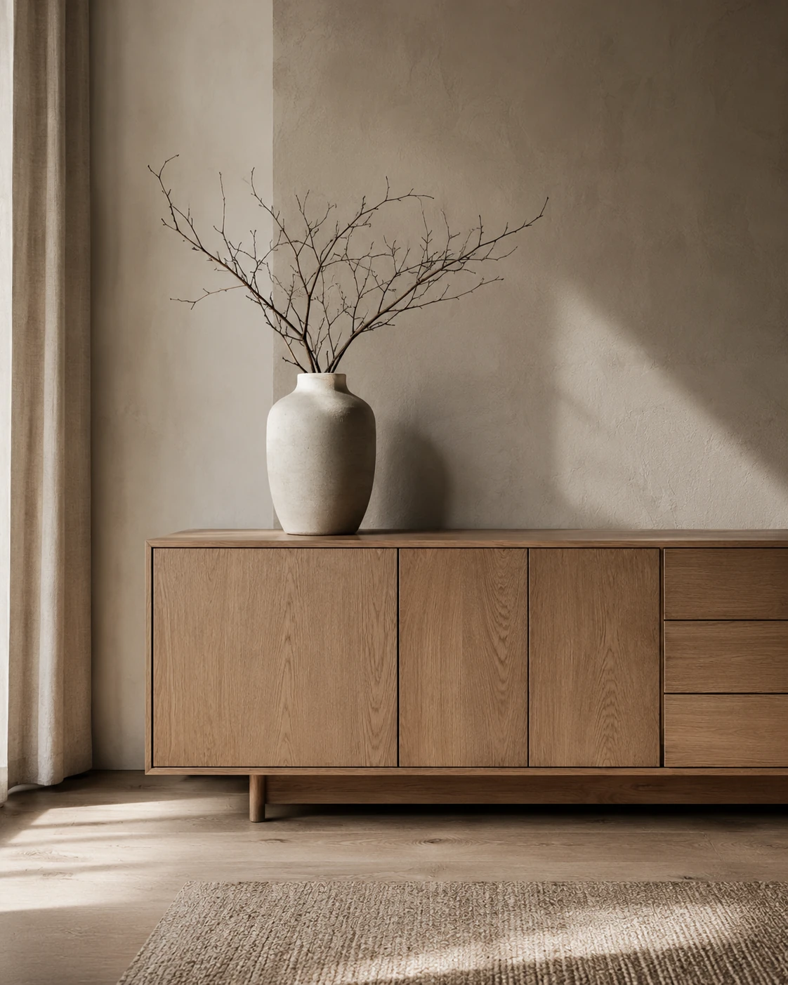Warm minimalist interior with natural wood sideboard and textured wall