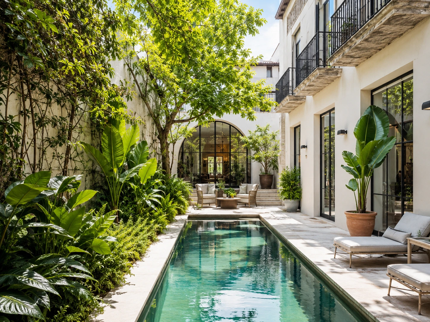 Real villa exterior with pool and outdoor areas, showing the wider property context of a home renovation.
