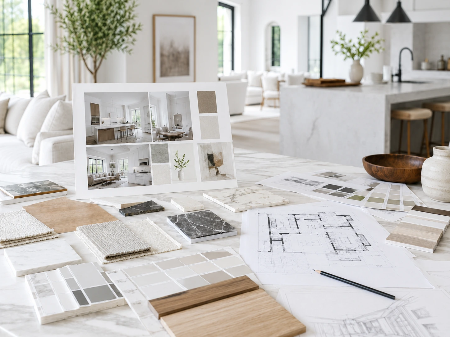 Bright concept design presentation with material samples, floor plans, and refined interior direction
