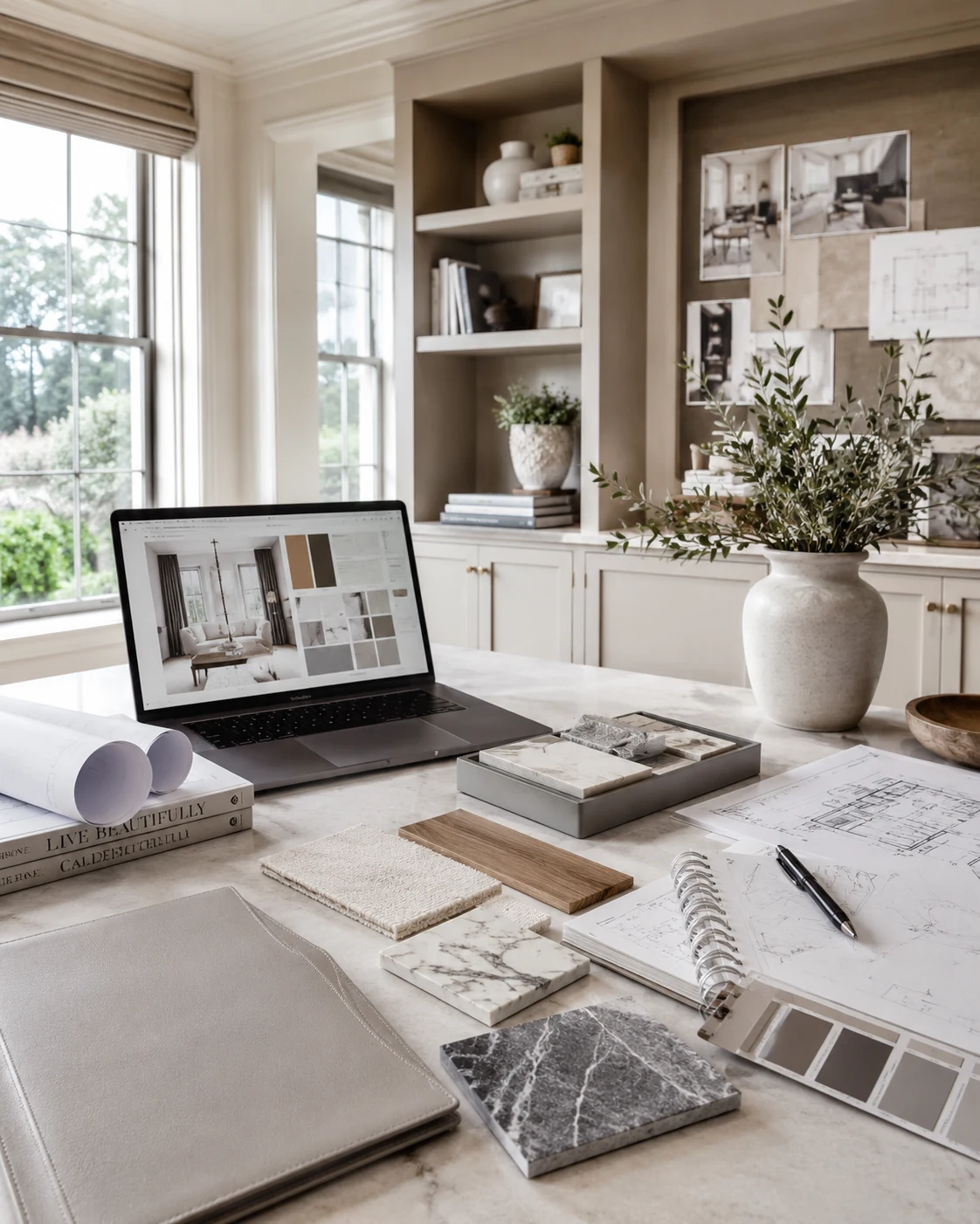 Interior design consultation with plans, materials, and coffee on a wooden table