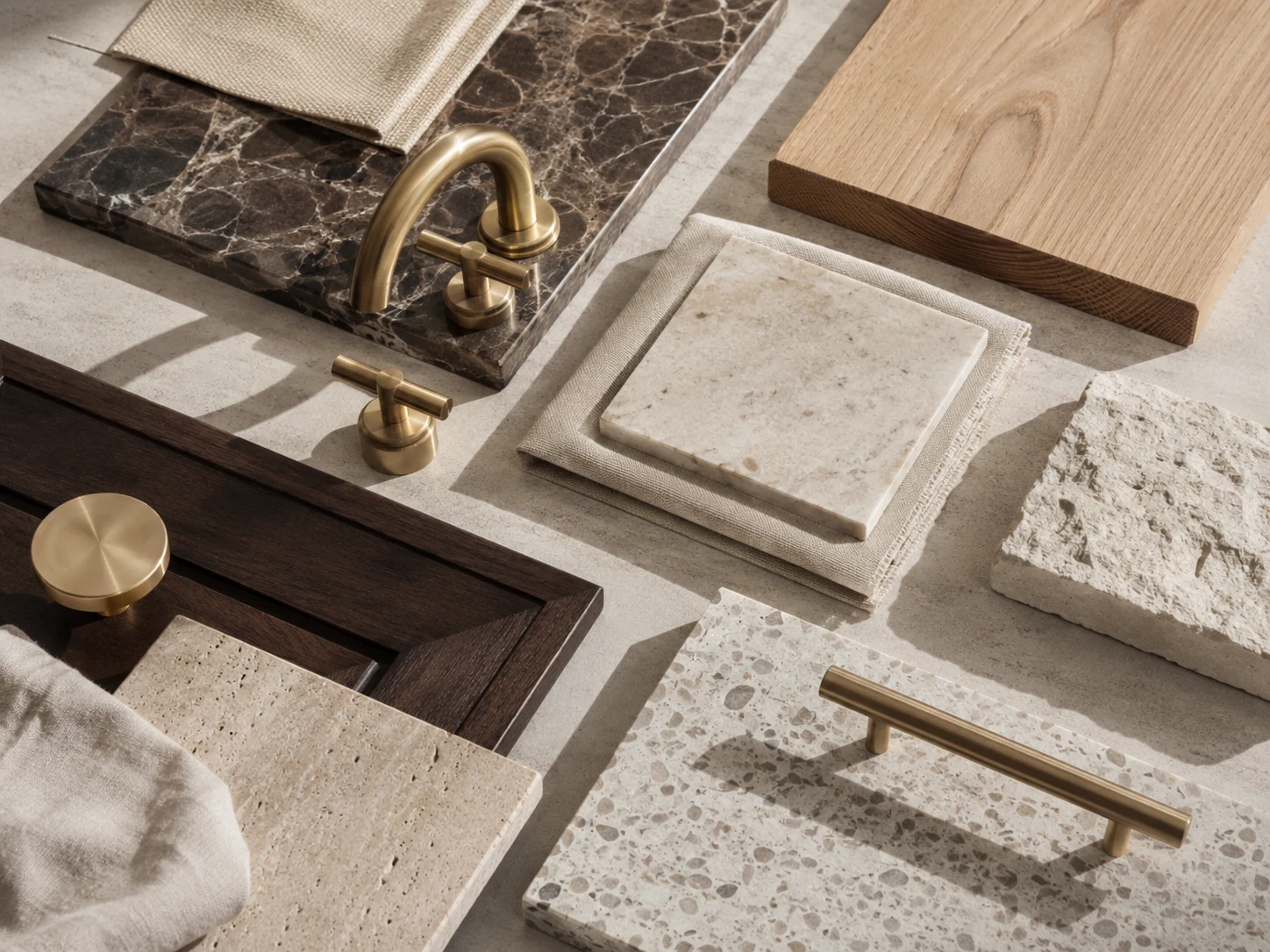 Interior design sourcing materials with brass, wood, marble, and textile samples
