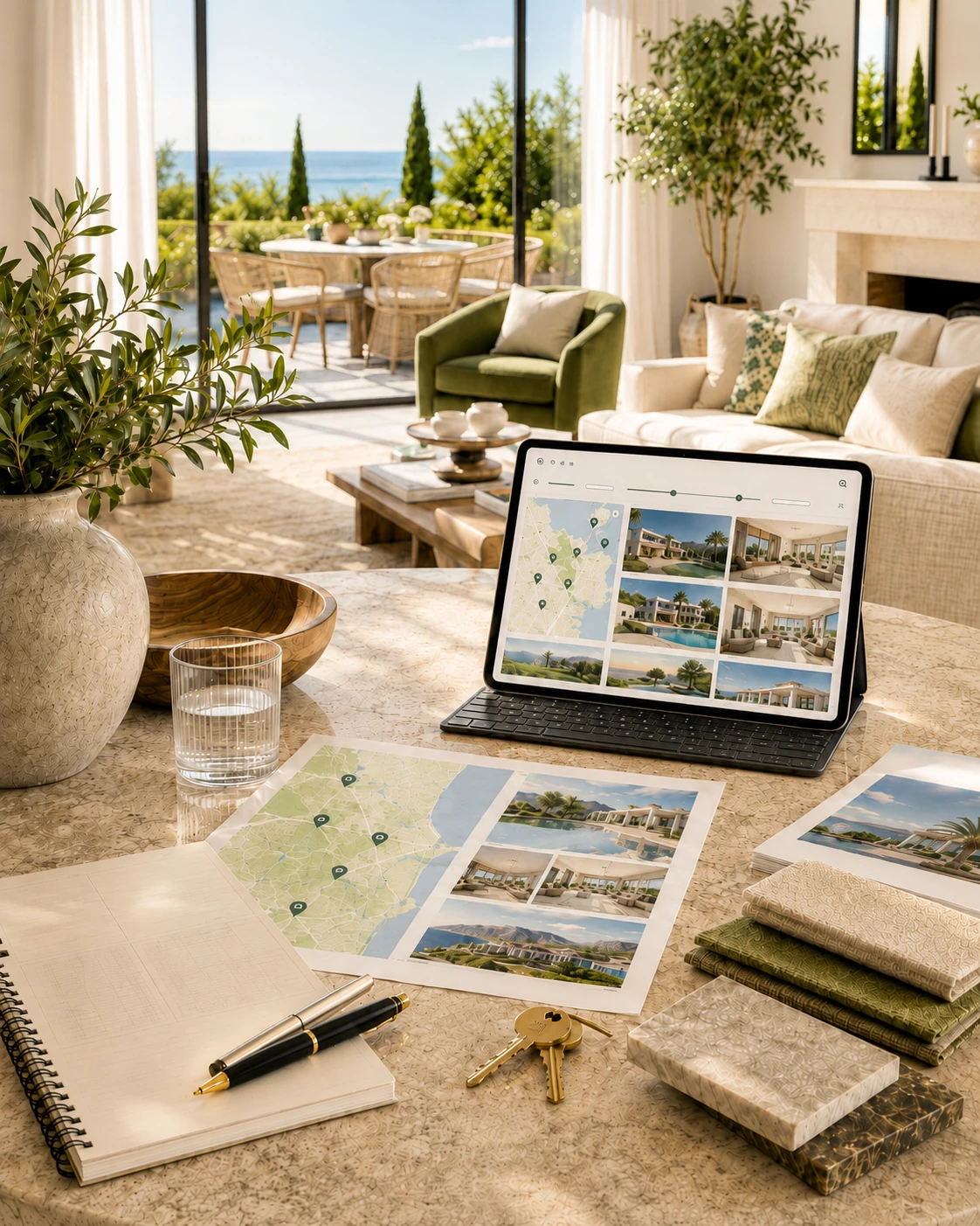 Property search, purchase, and sale consultancy in Valencia with a bright Mediterranean interior, curated property selections, and design-led buying guidance